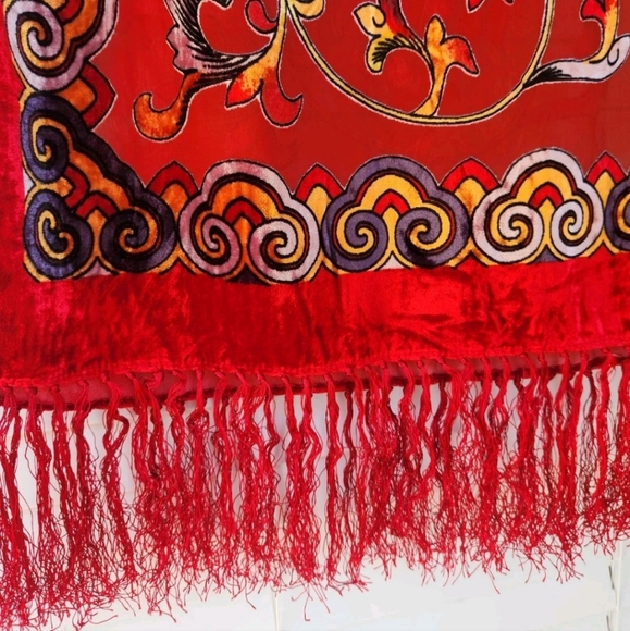 J&X NY Red Floral Silk Viscose Velvet Burnout Fringed Scarf Shawl Wrap 76x20 - Picture 4 of 16